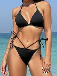 SHEIN Swim 海滩度假纯色比基尼两件套泳衣 - 黑色 - 查看 3