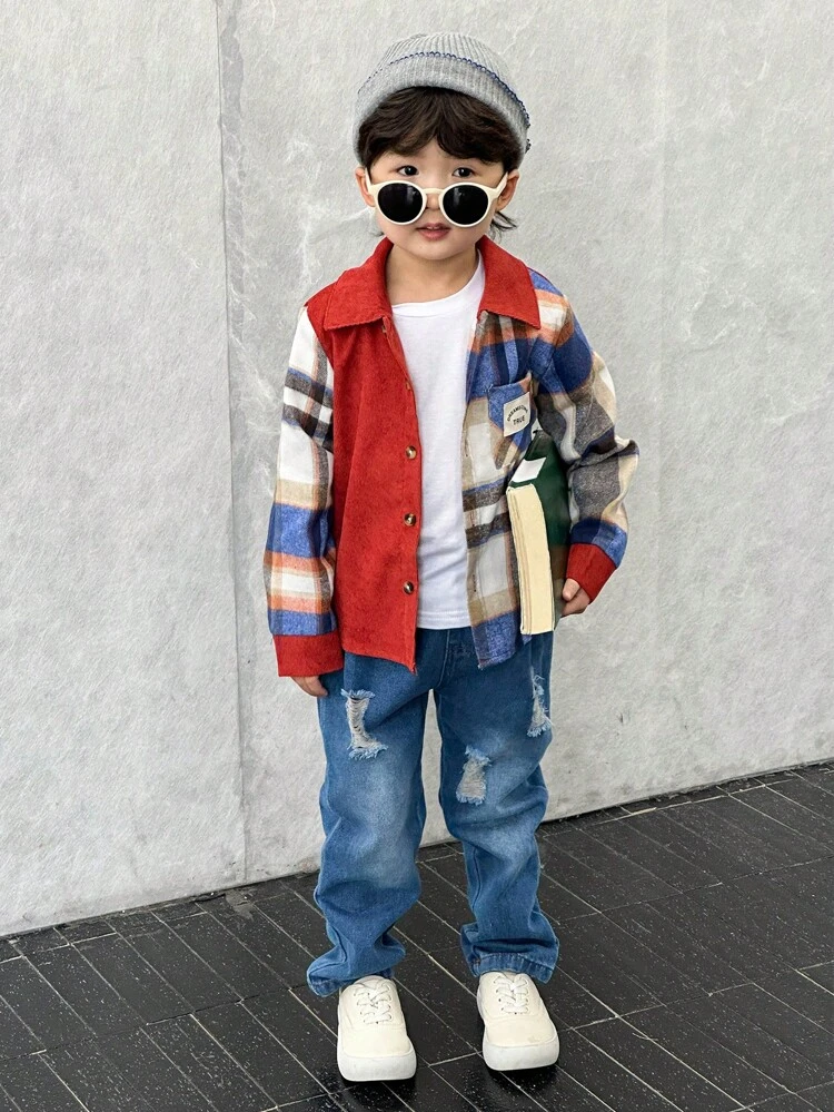 Young Boy Plaid Print Shirt & Ripped Jeans