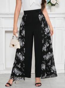 Modelyn Women's Plus Size Simple Flower Print Long Pants - Black - View 6