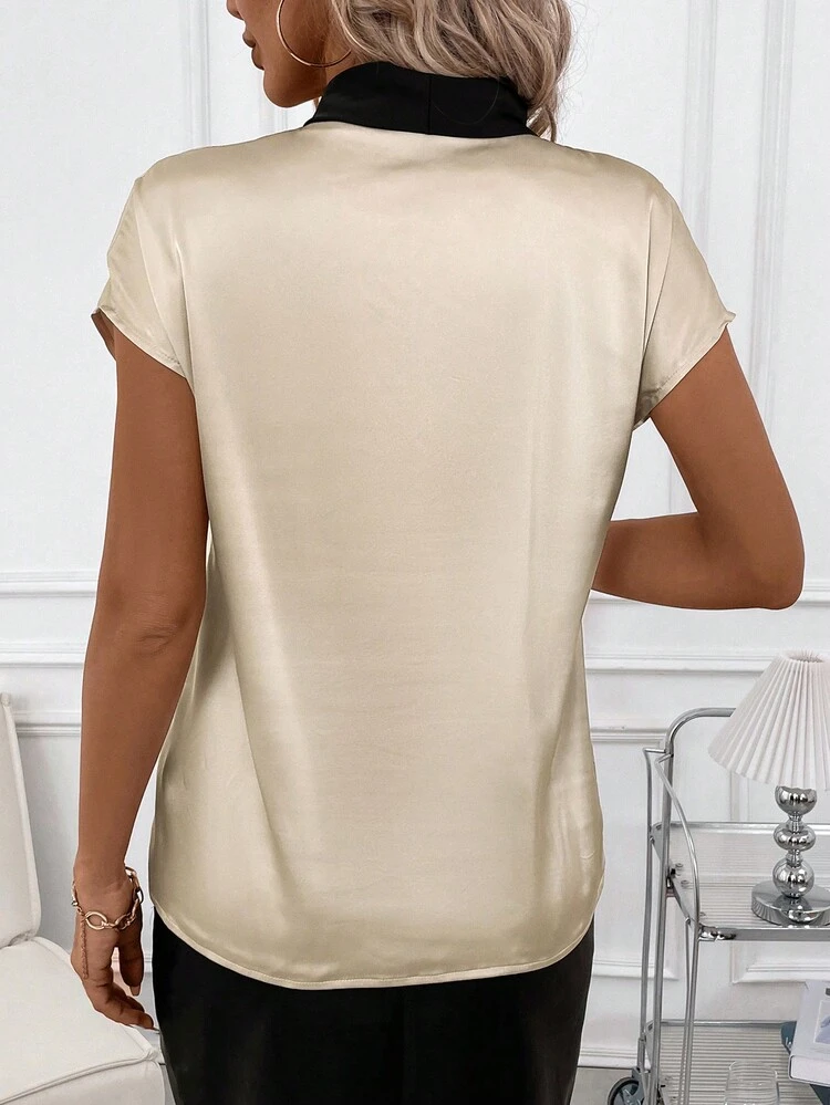 Color-Block Necktie Elegant Short-Sleeved Shirt For Summer