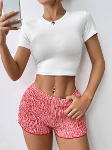 SHEIN EZwear 女式簡約日常紅格彈性腰超短短褲