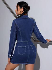 SHEIN ICON Váy denim bodycon giặt co giãn dành cho nữ - Rửa tối - Xem 2