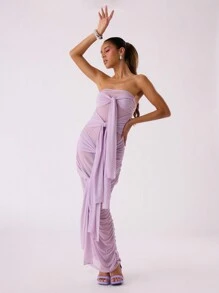 MUSERA Vestido maxi elegante de malla doble con múltiples lazos, ideal para la playa, primavera, verano, vacaciones, romántico, de los 90, para invitada de boda y ocasiones especiales