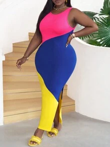 Slaydiva Đầm ôm sát dài màu tương phản mùa hè cỡ lớn thời trang - Màu vàng - Xem 6