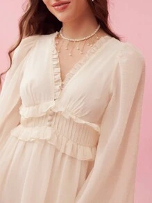 Enchnt Solid Colored Textured Dress With Ruffle And Lantern Sleeves Detail