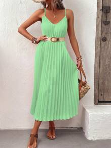 Breezaya 純色細肩帶褶皺無袖夏日日曬裙 - 薄荷綠 - 查看 3