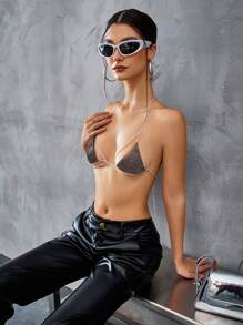 VaVaBold Women Fashionable Sparkling Rhinestone Triangle Bralette With Mesh - Black - View 7