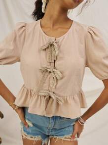 Soleia Ladies Romantic Casual Vacation Shirt With Apricot Lace Texture And Bow Tie Belt - Apricot - View 1
