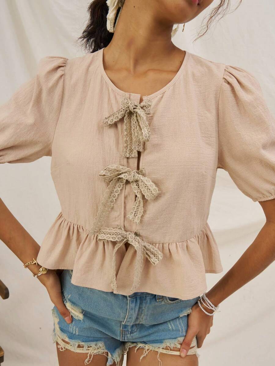 Soleia Ladies Romantic Casual Vacation Shirt With Apricot Lace Texture And Bow Tie Belt - Apricot - View 1