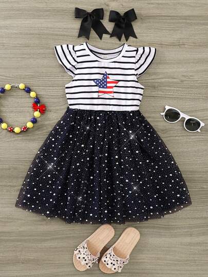 SHEIN Vestido midi lindo de cuello redondo y manga corta con patrón de estrellas y bandera estadounidense para niña