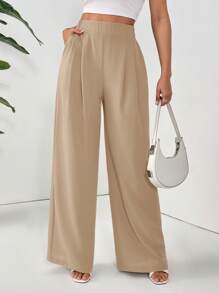 SHEIN Essnce Women Dress Pants Uniform Pants Teacher Pants Ladies' Commuting Black Striped Elastic Waist Wide Leg Trousers With Double Pockets - Khaki - View 6