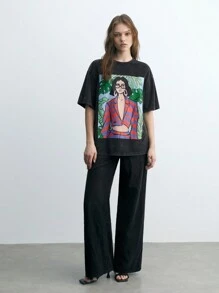 Maija Camiseta casual de cuello redondo de manga corta con gráfico de planta tropical y retrato para mujeres, conjunto de regreso a la escuela, verano
