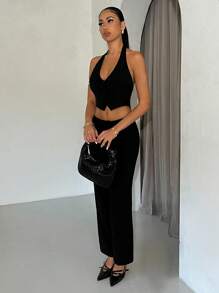 SHEIN BAE 女士夏季純色黑色西裝馬甲，低腰兩件式裝扮適合工作，商務休閒 - 黑色 - 查看 5