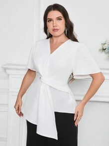 Modelyn Plus Size Women Solid Color Simple Daily Shirt - White - View 6