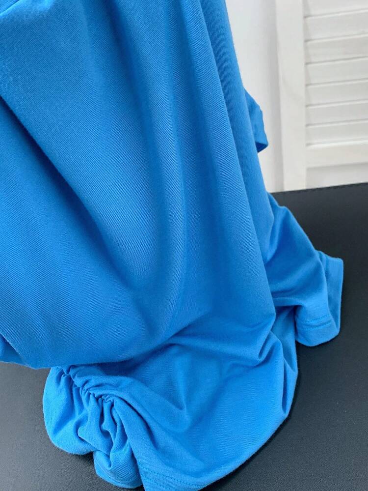 Summer Simple Blue Knitted High Neck Pleated Open Back Sleeveless Top