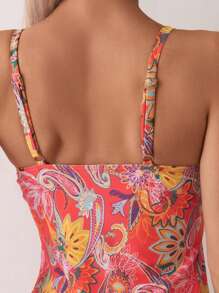 SHEIN Swim 女士全印花中空背心上衣和純色游泳下身套裝，休閑坦尼游泳衣 - 彩色 - 查看 5