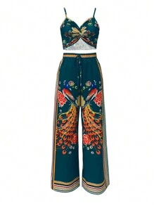 SHEIN VCAY Conjunto de top corto tipo camiseta con estampado de ave fénix y pantalones largos con cordón en la cintura (estampado asimétrico en la parte superior, efecto quemado en los pantalones) - Verde - Ver 3