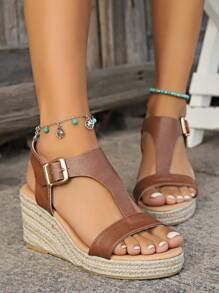 Sandalias de cuña con plataforma de paja tejida, con abertura en los dedos, cómodas y de estilo vintage europeo y americano para mujer, perfectas para el verano