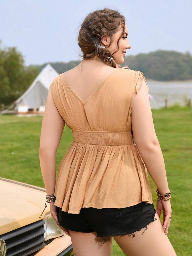 Women Plus Size Hollow Out A-Line Casual Beach Top, Khaki Color, Overlapping V-Neckline, Waist Lace Splice With Flounce Hem, Perfect For Summer Holiday And Beach