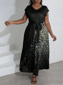 LovelyWholesale Plus Size Women's Ink Splash Printed V-Neck Short Sleeve Dress - Black - View 5