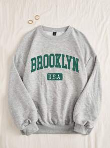 SHEIN EZwear Casual Sporty Letter Printed Flower Grey Round Neck Loose Plus Size Sweatshirt, Autumn And Winter Fall