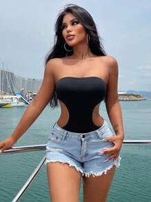 Zolique 女士夏季純色腰間開叉無肩帶緊身連體褲，設計性感 - 黑色 - 查看 7