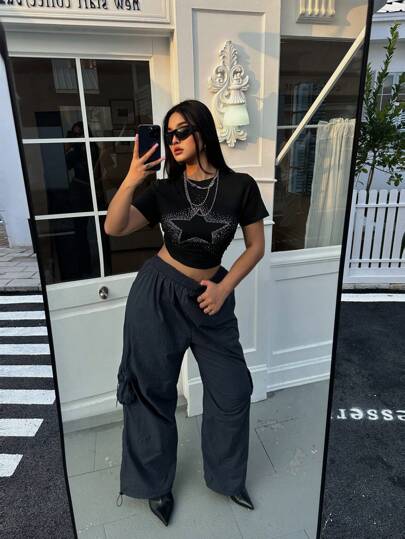 SHEIN X SAMADHI Flirla Pantalones de pernera ancha holgados en talla grande con cordón ajustable y diseño liso