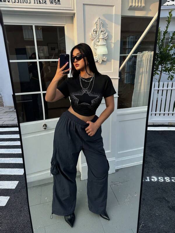 SHEIN X SAMADHI Flirla Pantalones de pernera ancha holgados en talla grande con cordón ajustable y diseño liso