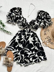 Soleia WYWH度假女士休閒假日海邊假期腰部挖掘、折疊和擁抱泡泡袖花卉印花連身褲