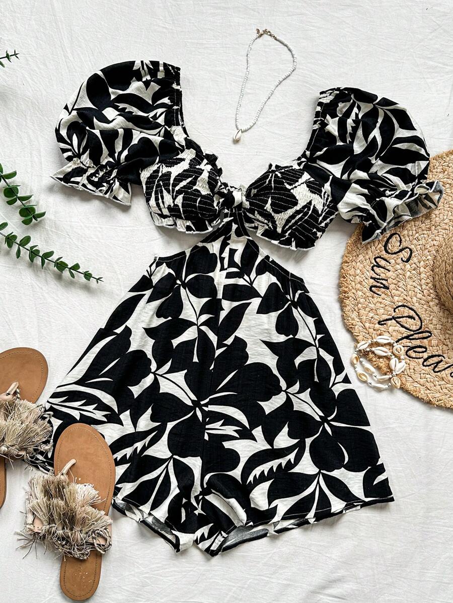 Soleia WYWH度假女士休閒假日海邊假期腰部挖掘、折疊和擁抱泡泡袖花卉印花連身褲