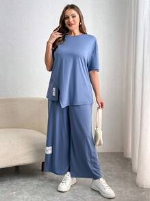 SHEIN Essnce 大码夏季蓝色 T 恤套装、夏季服装母亲节服装节日服装、夏季、夏季套装休闲夏季套装、短袖裤套装、家庭配套服装 - 藍色 - 查看 4