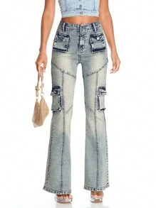 SHEIN BAE Vintage Style Cargo Denim Flared Pants&Summer Clothes&Festival Outfits - Multicolor - View 5