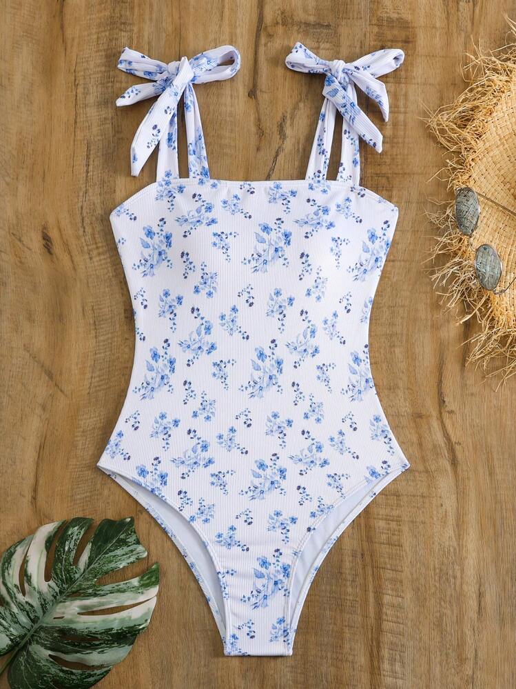 Swim Mod Summer Beach 1pc Women Random Printed One-Piece Swimsuit - Blue and White - View 3