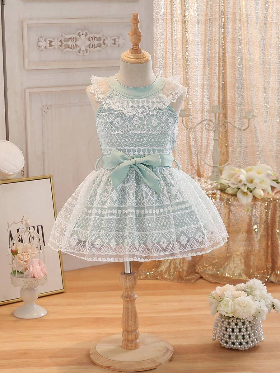 SHEIN 少女夏日簡約套裝：無袖露背領連身上衣搭配網紗裙 - 綠色 - 查看 1