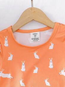 Young Girl Orange Simple Print Round Neck Short Sleeve And Shorts Home Wear Set, Snug Fit - Orange - View 3