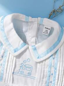 SHEIN Summer Pure Cotton Embroidered Ha-Yi Bodysuit For Baby Girls, British Style, Breathable, Simple Bamboo Joint Design, Cute Blue Embroidery And Woven Belt