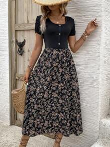 Breezaya 女式花卉印花短袖节日风格拼接连衣裙长款女装 - 黑色 - 查看 5