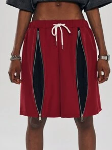 SHEIN EZwear American Street Style Shorts Summer Hip Hop Knee Length Basketball Shorts With Patchwork - Burgundy - View 5