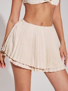 Sweetina Y2K Sommer Frühling Outfits Damen einfarbiger Minirock mit niedriger Taille und doppelter plissierter Lage - Beige - Übersicht 6