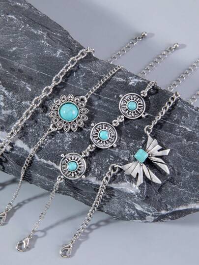 4 pièces/set Vintage & Mode En Alliage Sculpté Papillon , Fleur , Soleil Disque Motif Pressé Fleur Bracelet À Chaîne Set Avec turquoise & À Nœud Papillon Décoration , Aléatoire Effet Pour Femme , Cadeau De Fête