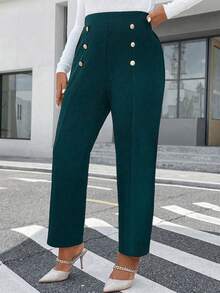 Celure 大碼高腰紐扣細節長褲 - 墨綠色 - 查看 7