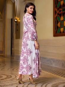 Pink Long Sleeve Arabic Printed Pleated Lantern Sleeve Dress For Women - Pink - View 2