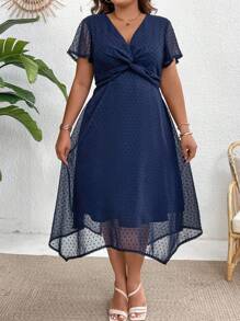 SHEIN Clasi Đầm mùa hè cỡ lớn với mặt trước xoắn, tay áo ô, eo thon và viền bất đối xứng - Màu xanh hải quân - Xem 6