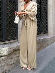 EURMUSE Textured Fabric Straps Lace-Up Top And Ruffle Waist Long Pants 2pcs Set - Apricot - View 5