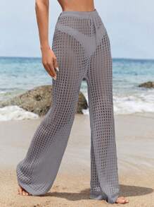 SHEIN Swim Holiday Pool Solid Hollow Knitted Cover Up Pants,Summer Beach - Dusty Purple - View 3