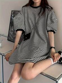 夏季休闲撞色条纹灯笼袖连衣裙