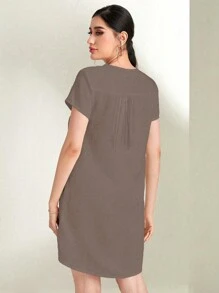 EMERY ROSE Women's Summer Solid Color Loose Fit A-Line Dress With Notched V-Neckline And Short Sleeves - Brown - View 2