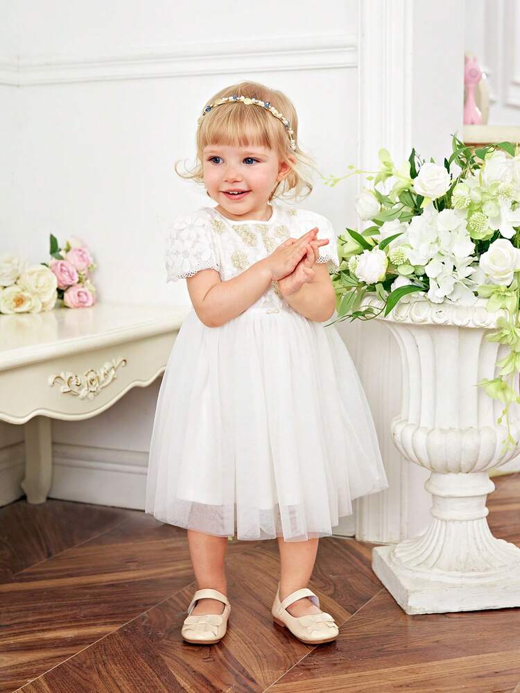 Baby Girl Lovely & Floral Lace Patchwork Tulle Short Sleeve Dress For Vacation