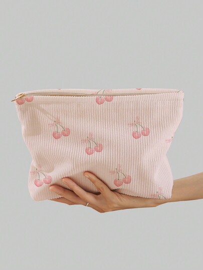 Kawaii Cherry Pattern Double-Sided Printed Corduroy Makeup Bag