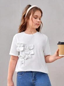 SHEIN Tween Girl Extended Size Loose Fit Casual 3D Floral Decor Rounded Neckline Short Sleeve T-Shirt - White - View 4